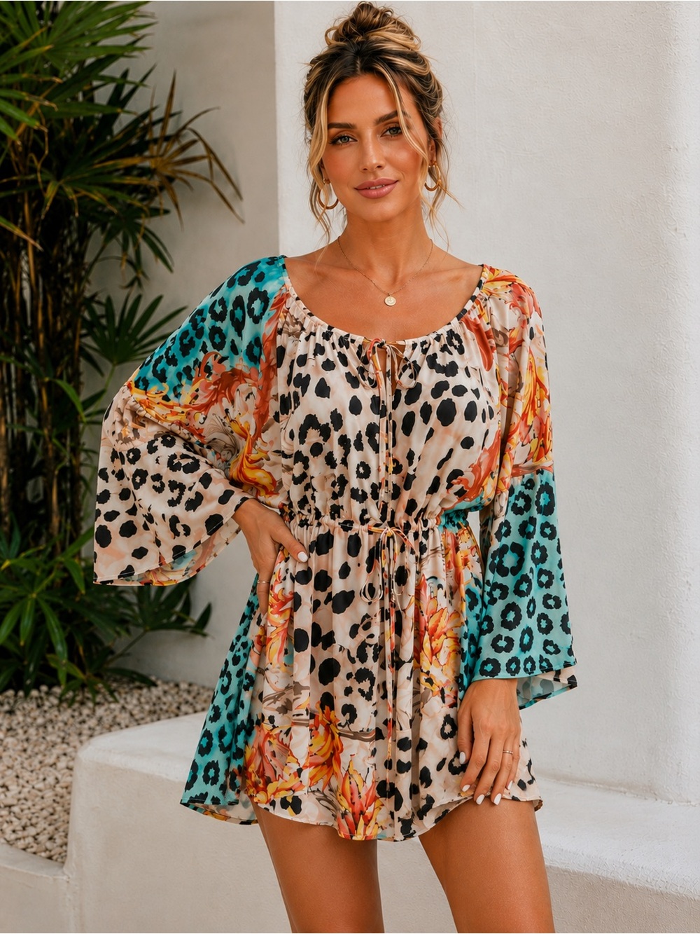 ChicMe Multicolor Floral & Leopard Print Swim Cover-Up Tunic XL A14